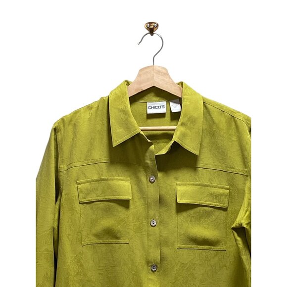 Chico’s 100% Silk Button Down Blouse Chartreuse Size 1(M) Coastal Minimalist - Picture 4 of 12